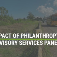"Impact of Philanthropy: Advisory Services Panels" over a darkened image of a school bus driving down an empty road
